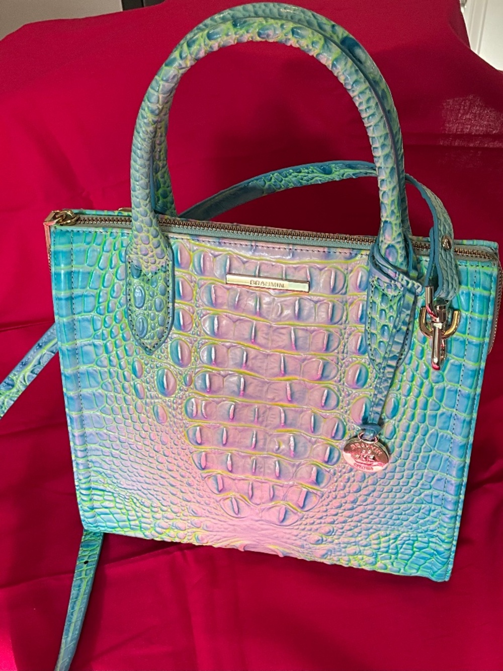 Brahmin Iridescent Aqua-Pink Croc-Embossed Crossbody Bag
